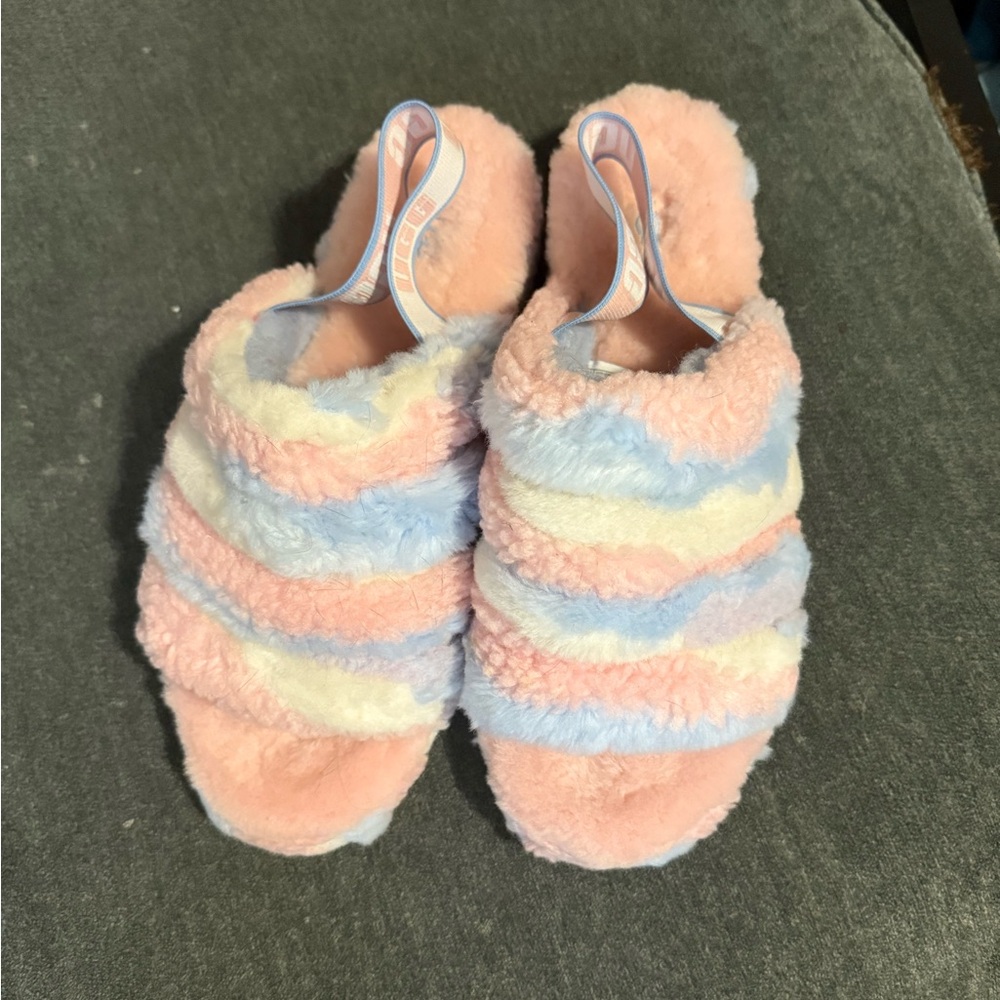 UGG Women's Fluffy Striped Slippers - Pink, Blue, Cream